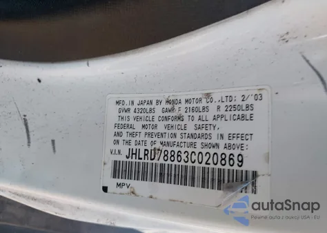 2003 Honda Cr-V Ex from USA, damaged, VIN JHLRD78863C020869